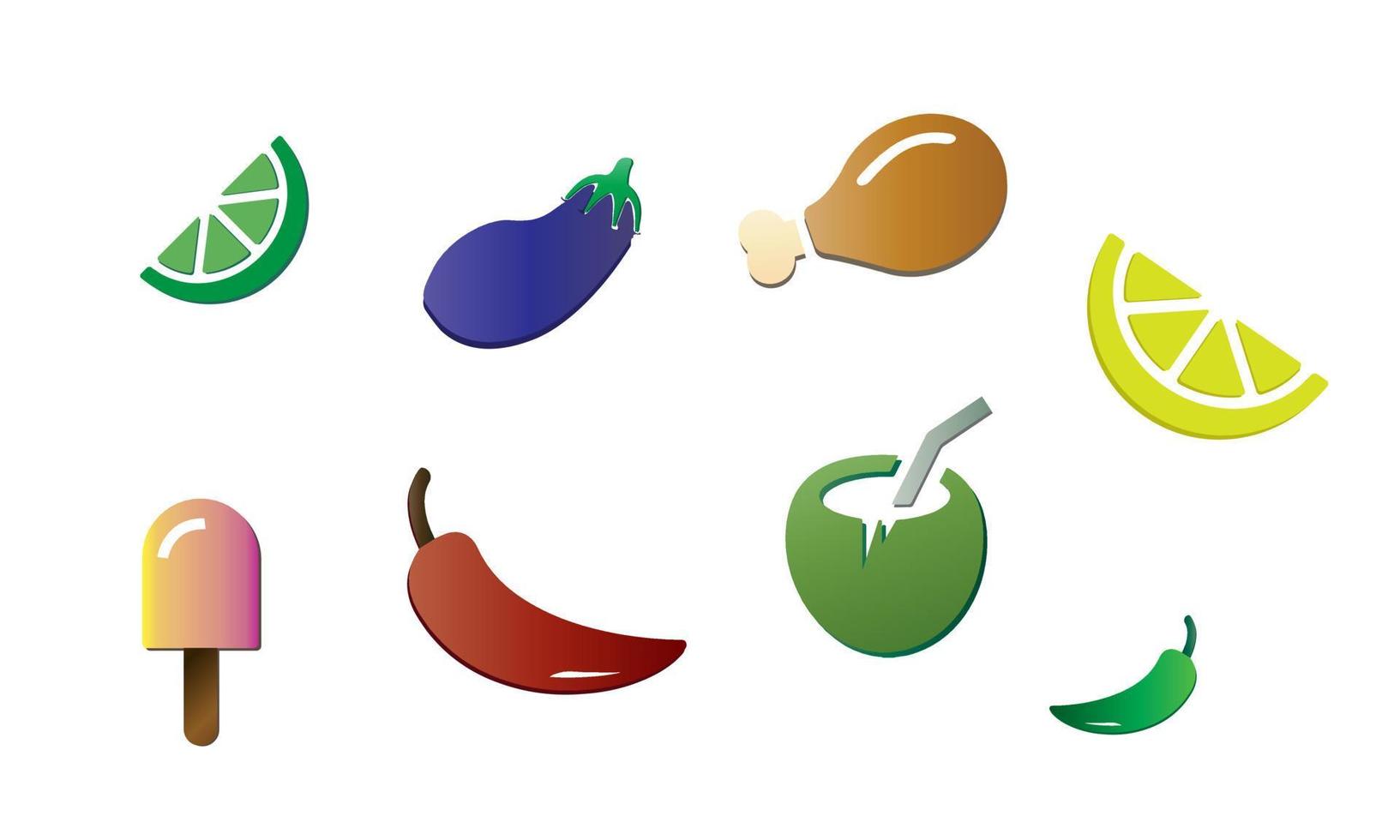 food icons in gradient colors - egg-plant, coconut-water, lemon, pepper, ice-cream, chicken-fry vector