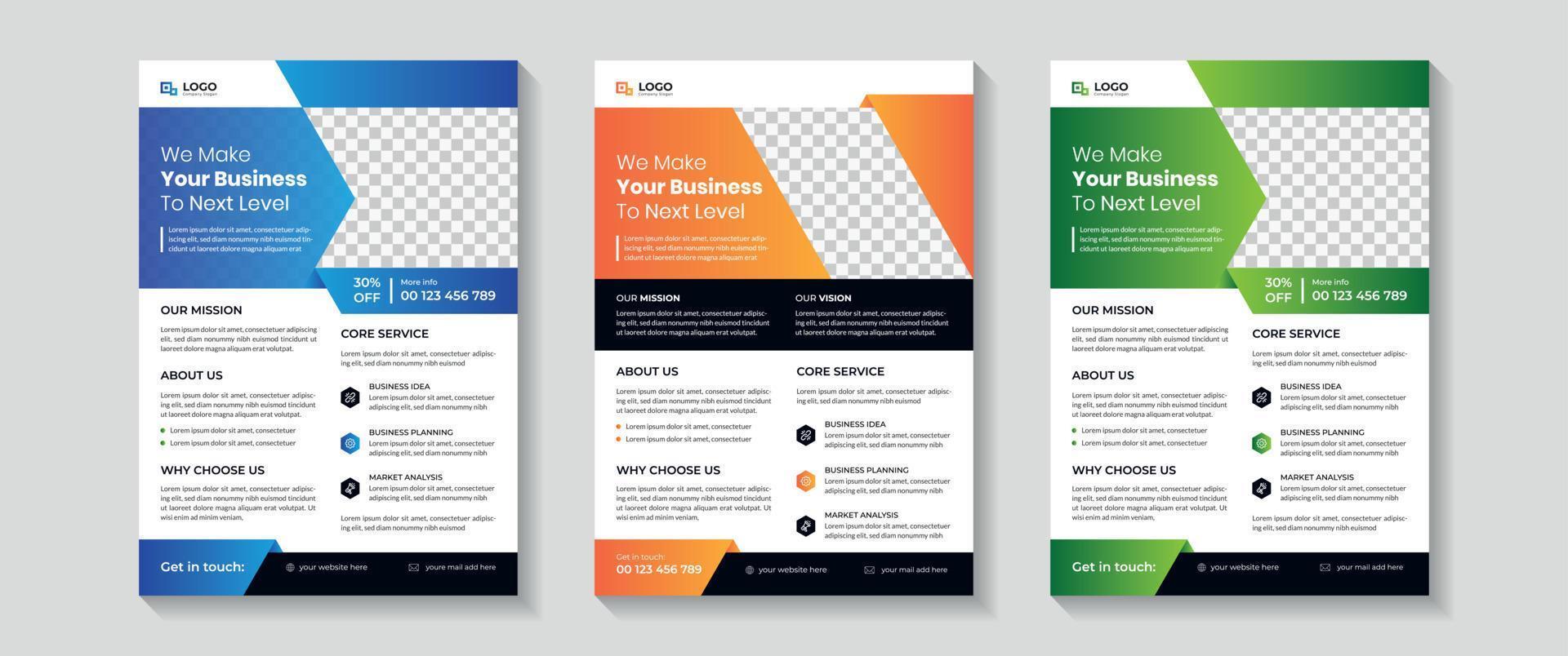 Corporate business flyer template design with orange, green and yellow color. vector