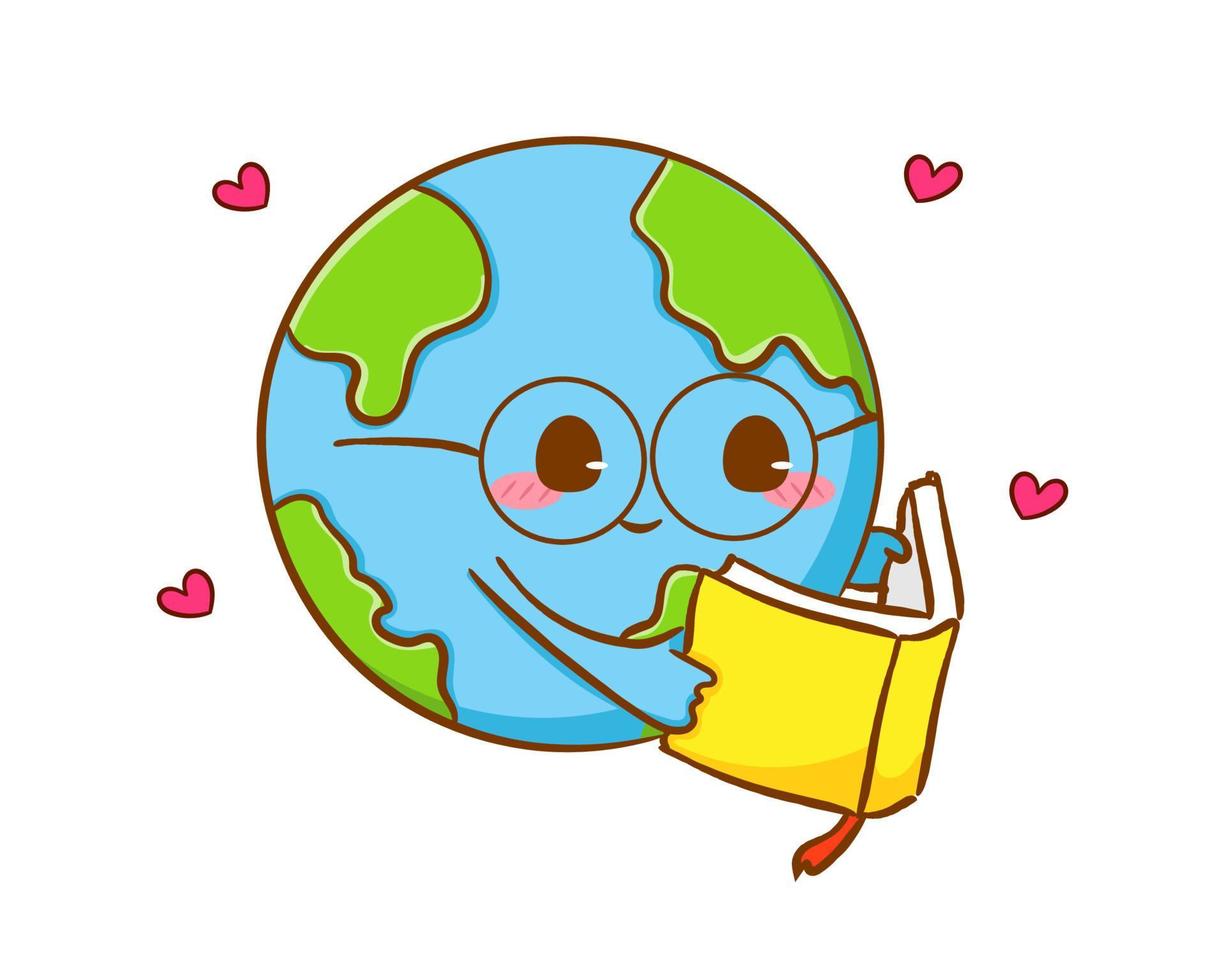 Cute adorable earth cartoon with glasses reading a book. World book day concept design. Kawaii mascot character clip art. Vector art illustration.