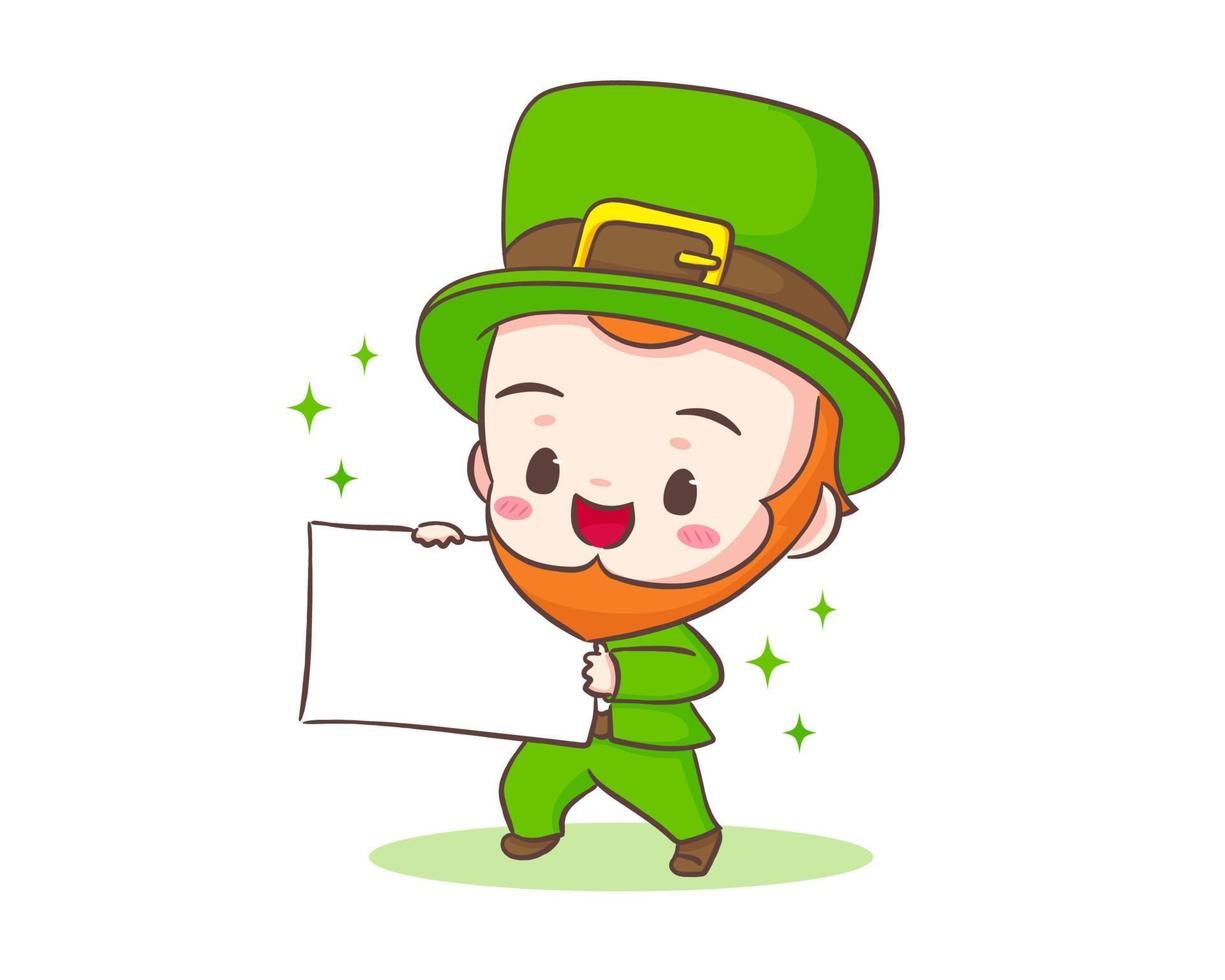 Cute Adorable Leprechaun cartoon holding empty board. Hand drawn chibi character. Happy Saint Patrick's Day concept design. Isolated White background. Vector art illustration.