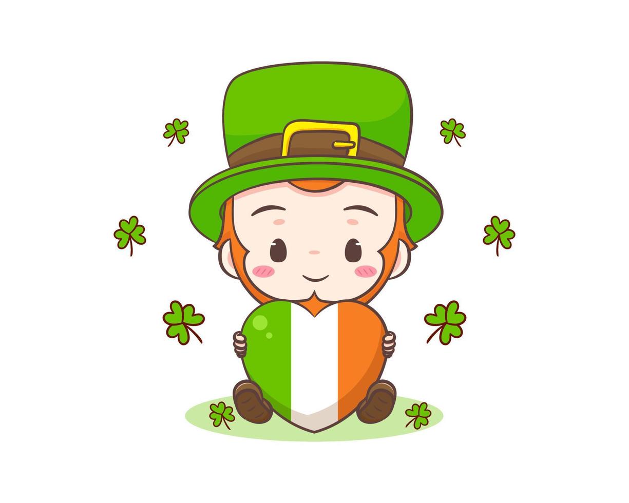 Cute Adorable Leprechaun cartoon holding Ireland love heart. Hand drawn chibi character. Happy Saint Patrick's Day concept design. Isolated White background. Vector art illustration.