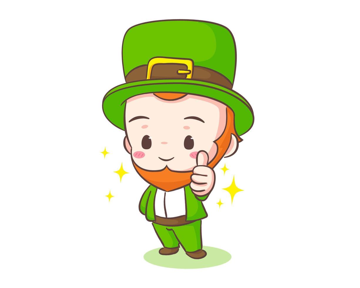 Cute Adorable Leprechaun cartoon showing thumb up. Hand drawn chibi character. Happy Saint Patrick's Day concept design. Isolated White background. Vector art illustration.