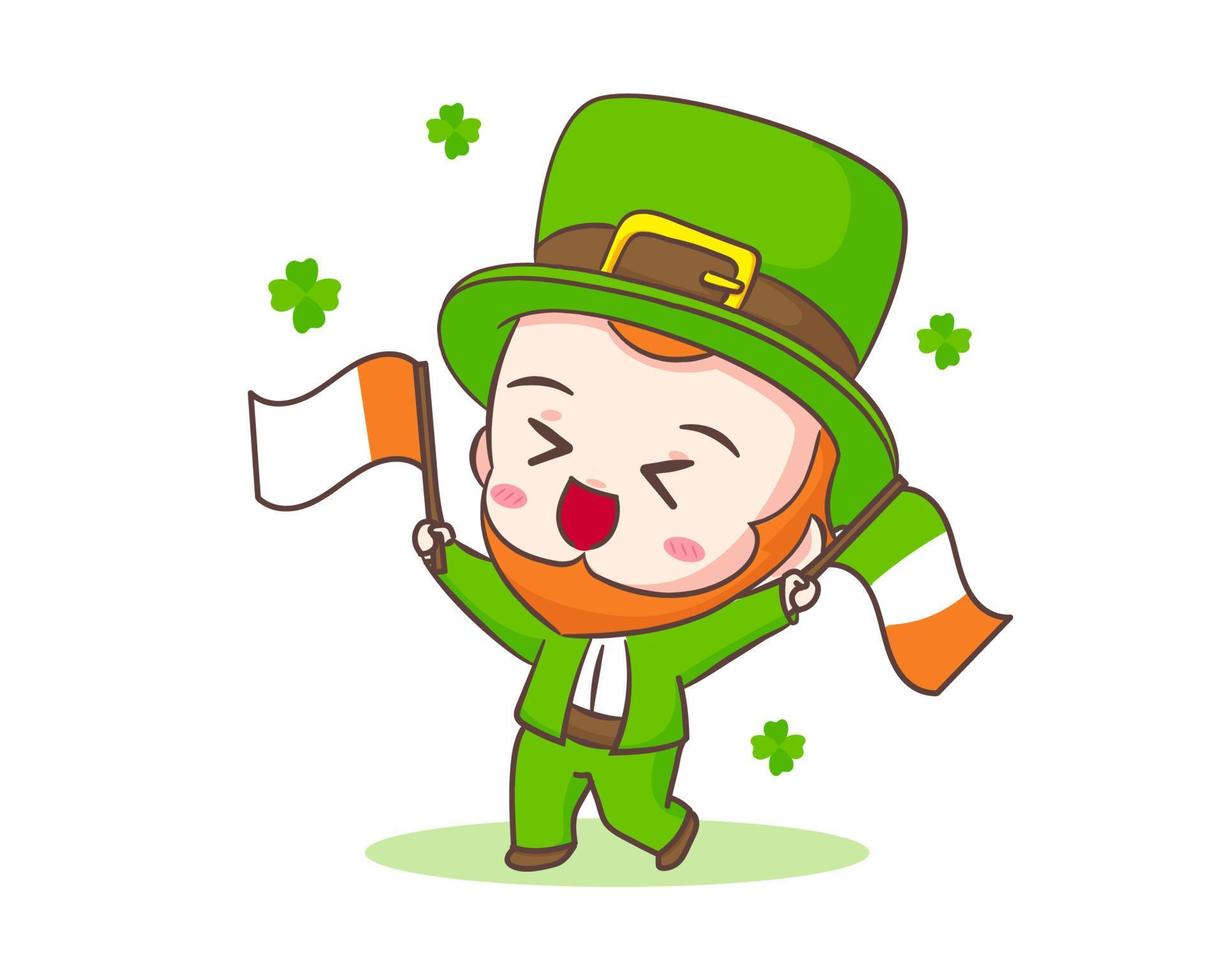 Cute Adorable happy Leprechaun cartoon holding flags. Hand drawn chibi character. Happy Saint Patrick's Day concept design. Isolated White background. Vector art illustration.