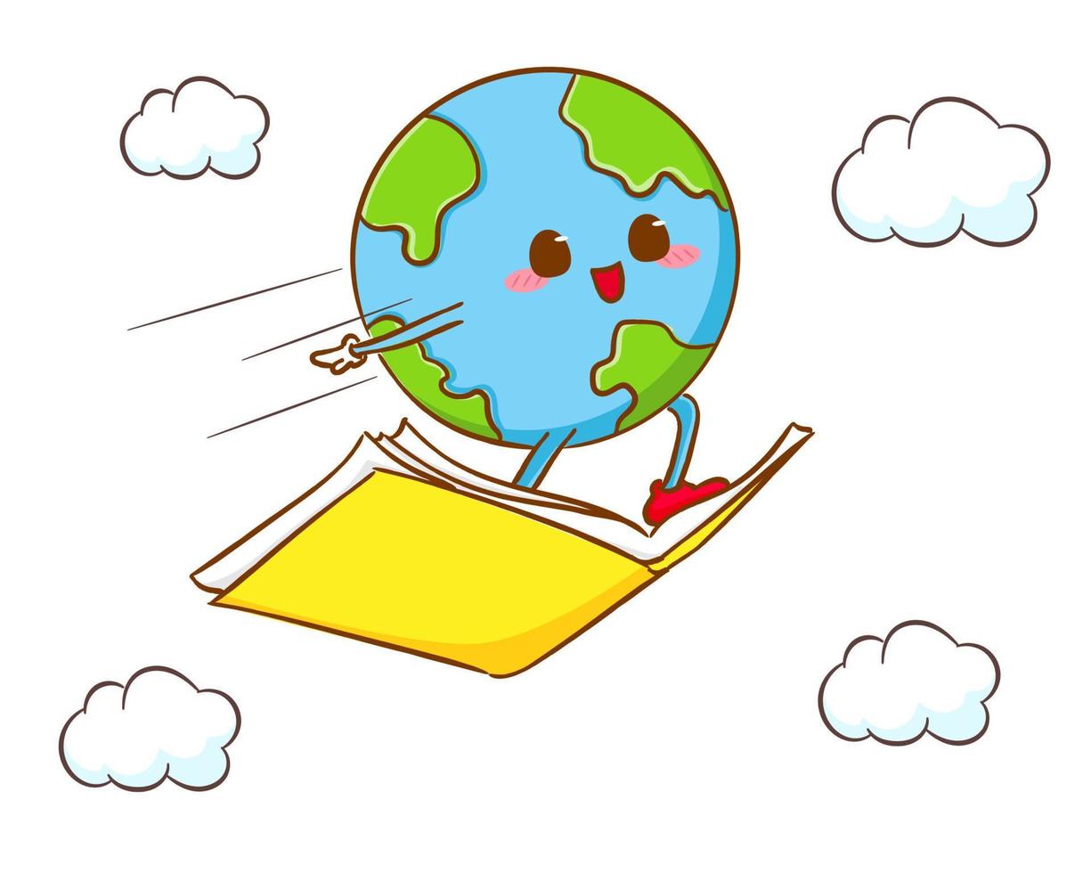 Cute adorable earth cartoon flying with a book. World book day concept design. Kawaii mascot character clip art. Vector art illustration.