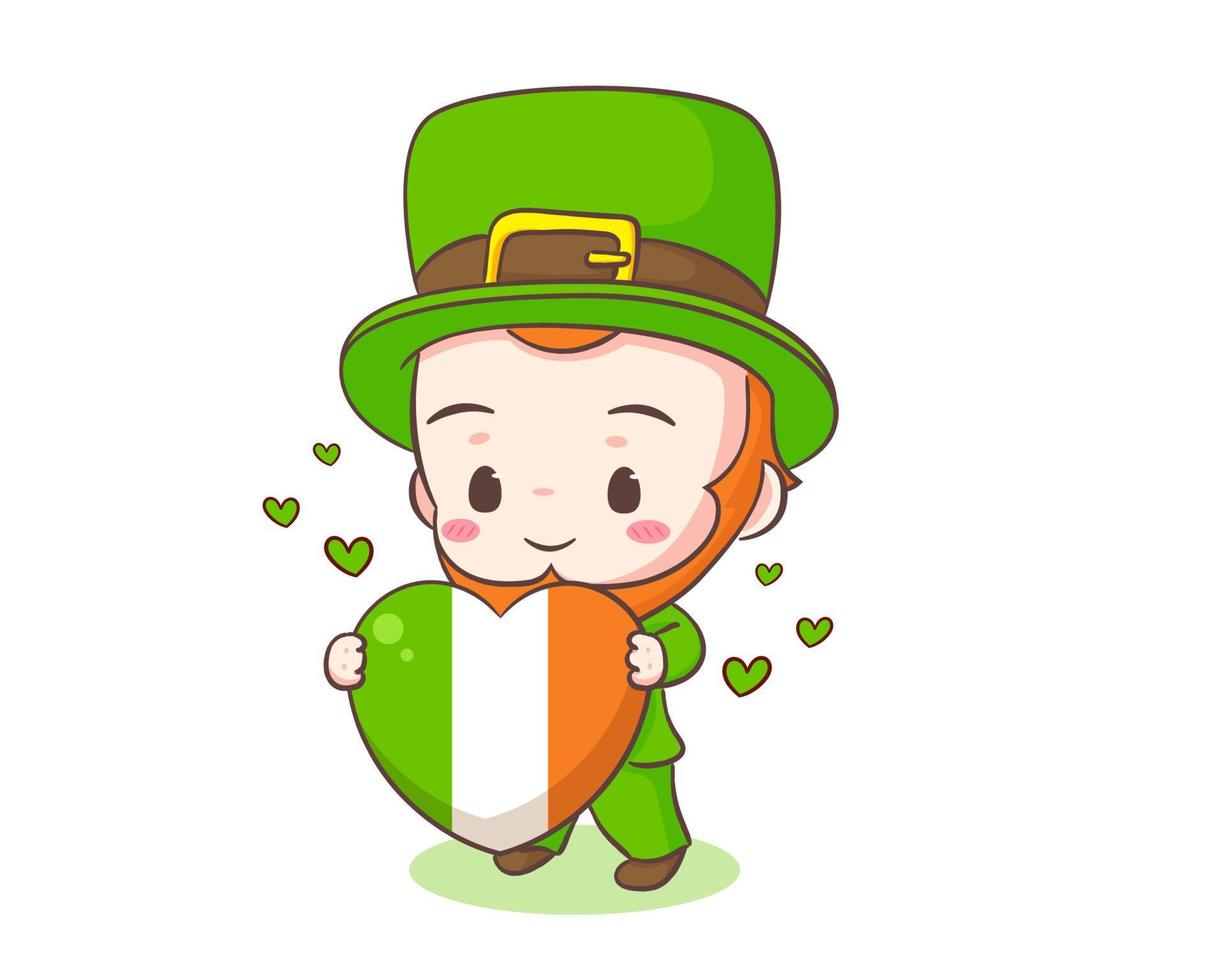 Cute Adorable Leprechaun cartoon with Ireland love. Hand drawn chibi character. Happy Saint Patrick's Day concept design. Isolated White background. Vector art illustration.