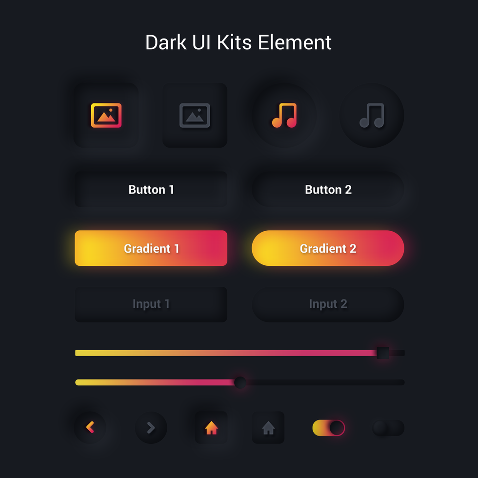 moderno oscuro neumosismo ui kits botón y control deslizante diseño elemento conjunto psd