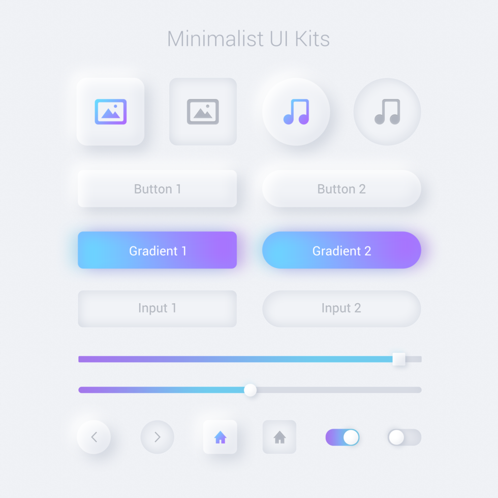 UI kits button and slider design element set with minimalist neomorphs style psd