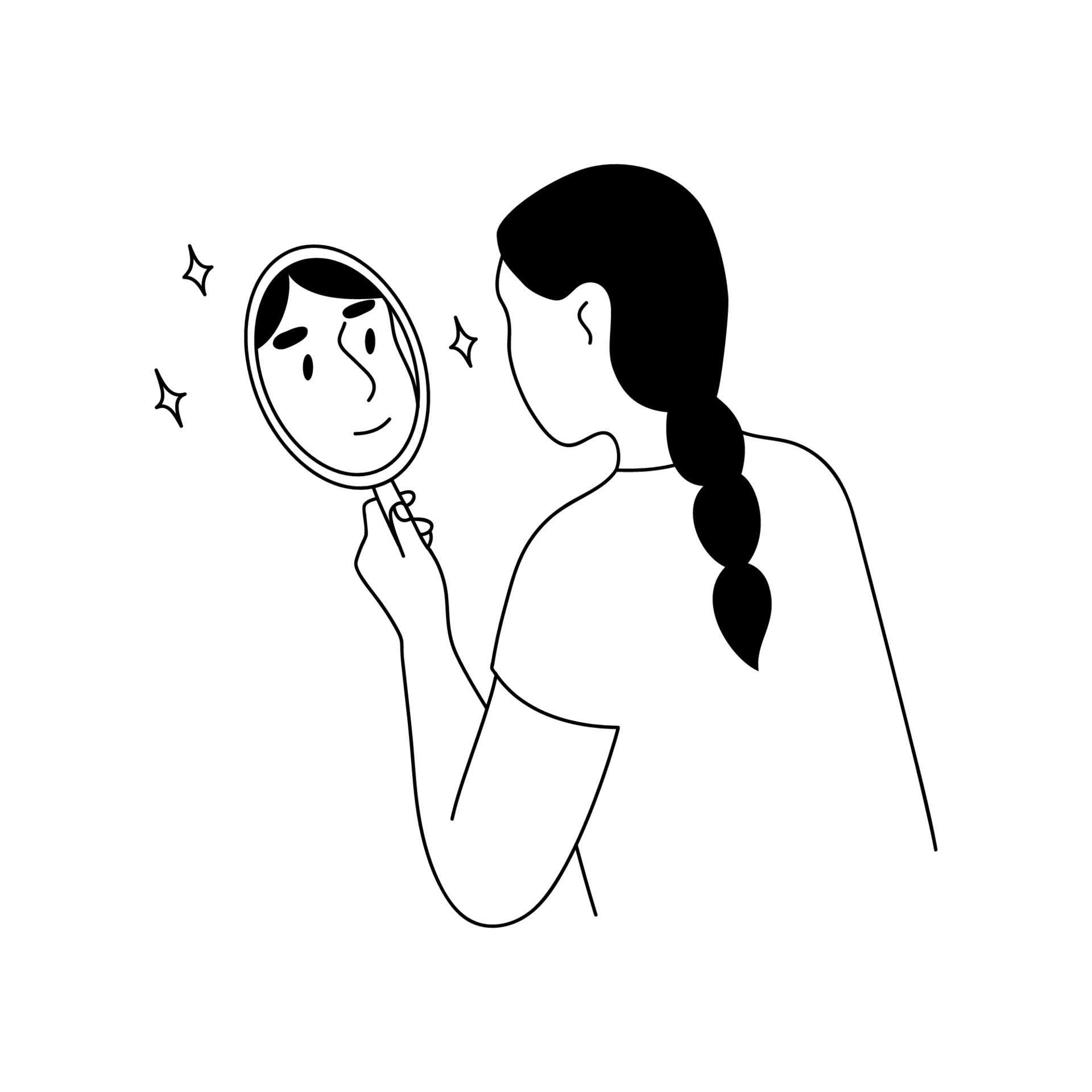 Young woman looking through the mirror and smiling. Love yourself, self