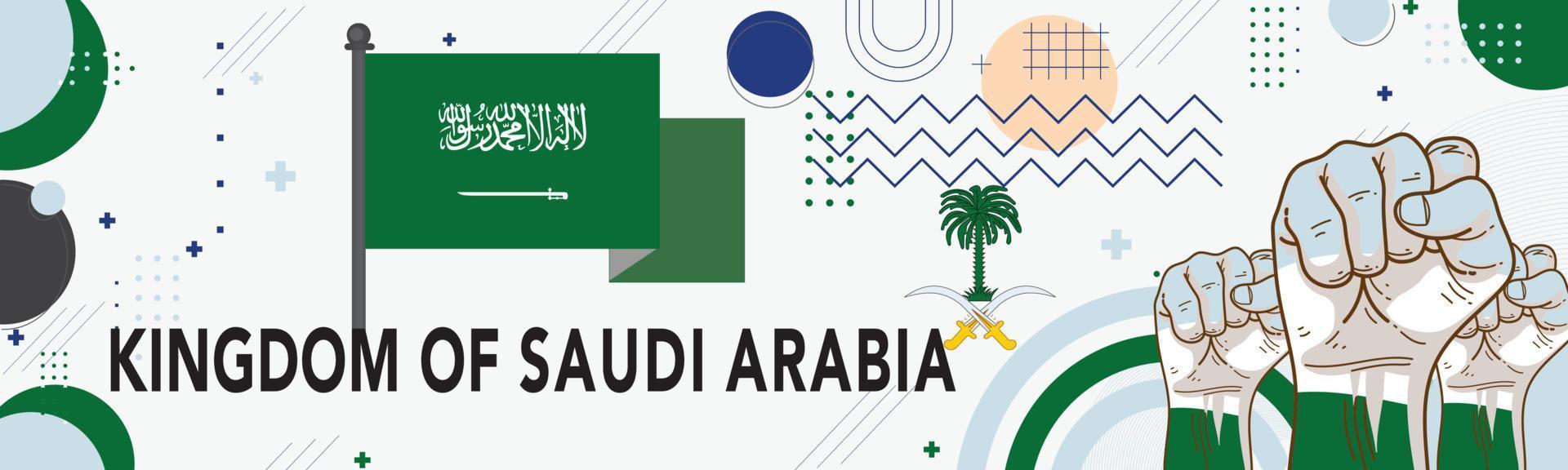 Banner Saudi Arabia Flag and map with raised fists. National day or Independence day Culture banner. Modern design with green abstract theme. Arabic calligraphy stating Kingdom of Saudi Arabia. vector