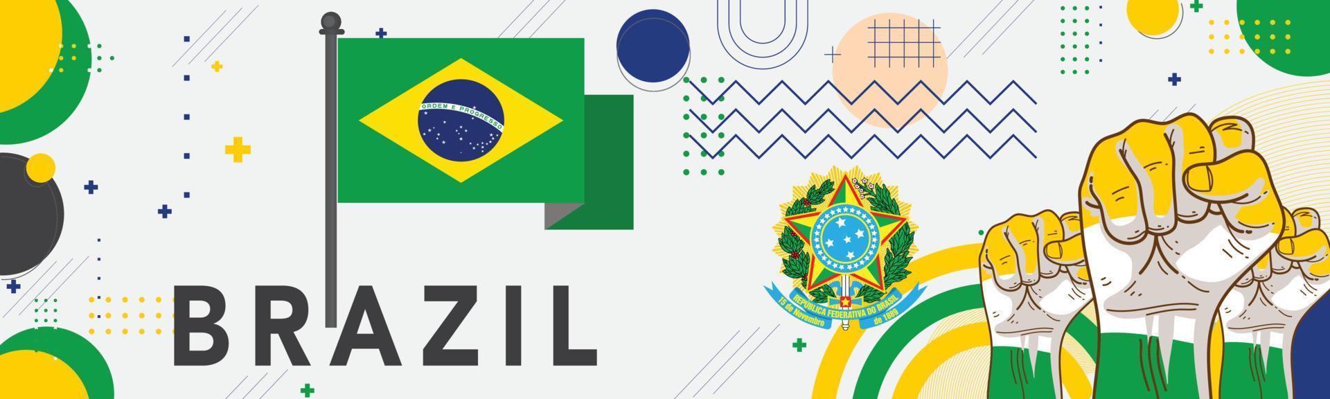 Brasil nacional día bandera con mapa, bandera colores tema antecedentes y geométrico resumen retro moderno verde azul amarillo diseño. brasileño gente. Deportes juegos partidarios vector ilustración.