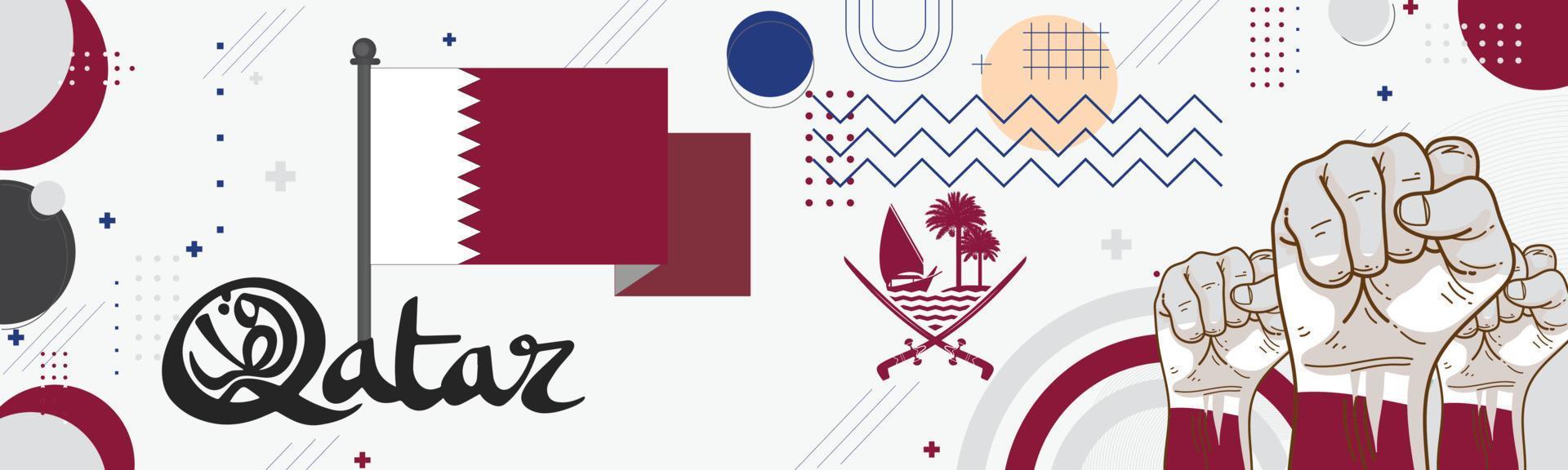 Banner Qatar national day with Qatari flag colors theme background and geometric abstract retro modern purple violet white design. Doha people. Arab Sports Games Supporters Vector Illustration.