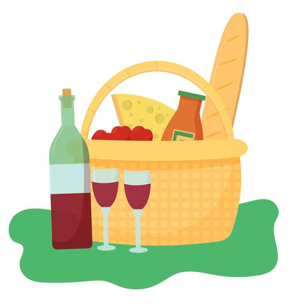 cesta para picnic con queso, baguette, manzanas, botella con vino. disfrutando del verano, actividad al aire libre, romántico aislado en la ilustración de vector de stock de fondo blanco. ilustración vectorial