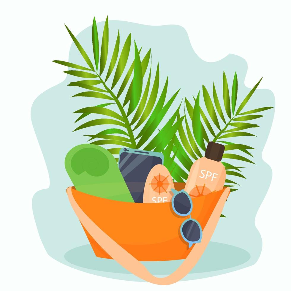 Travel, adventure, beach essentials. Bag for beach resting with sunglasses and towel's. Bright sunny vector illustration in flat style. Decorated with tropical plants. Isolated on white background.