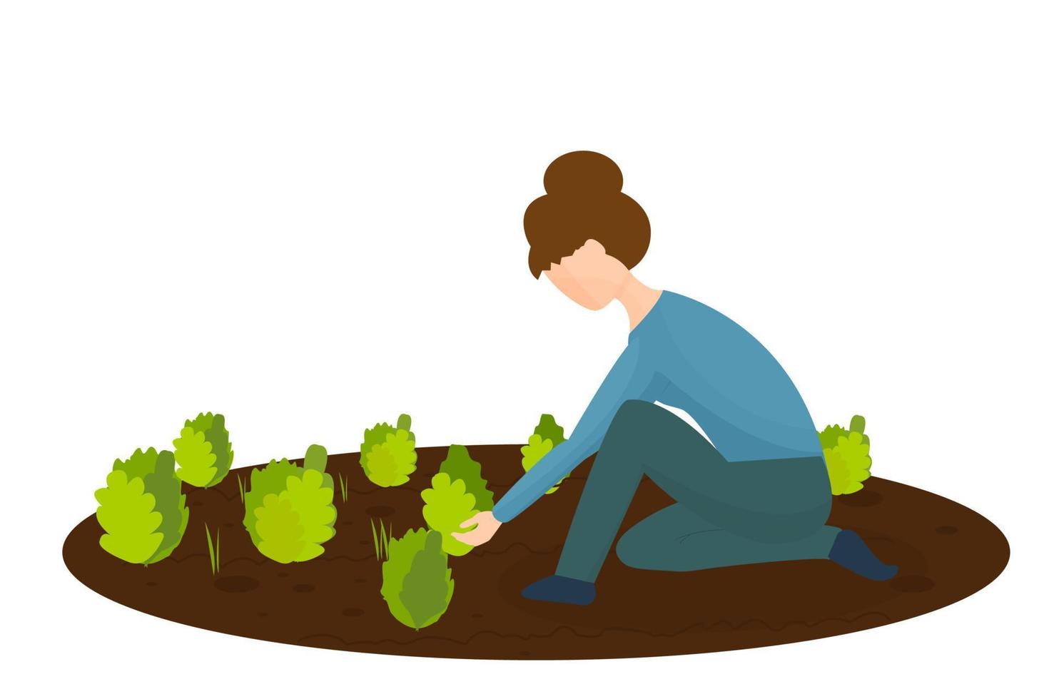Woman kneeling, working in the garden with plants and grass in vector design. Graphic illustration ecology, agriculture concept, isolated on white background. Stylish countryside