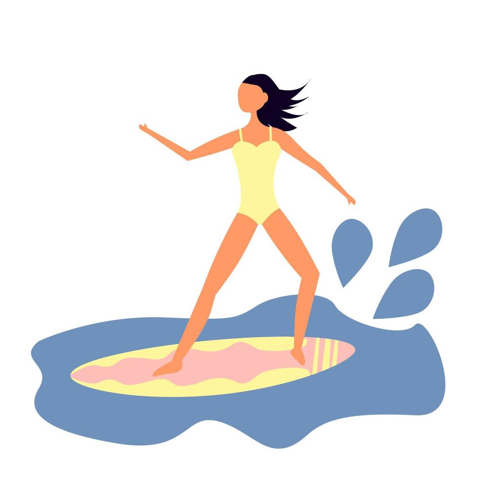 Young girl in swimsuit standing on surfboard. Isolated character in vector design. Trend style, flat, simple graphic clipart. Vacation, adventure, spot concept.