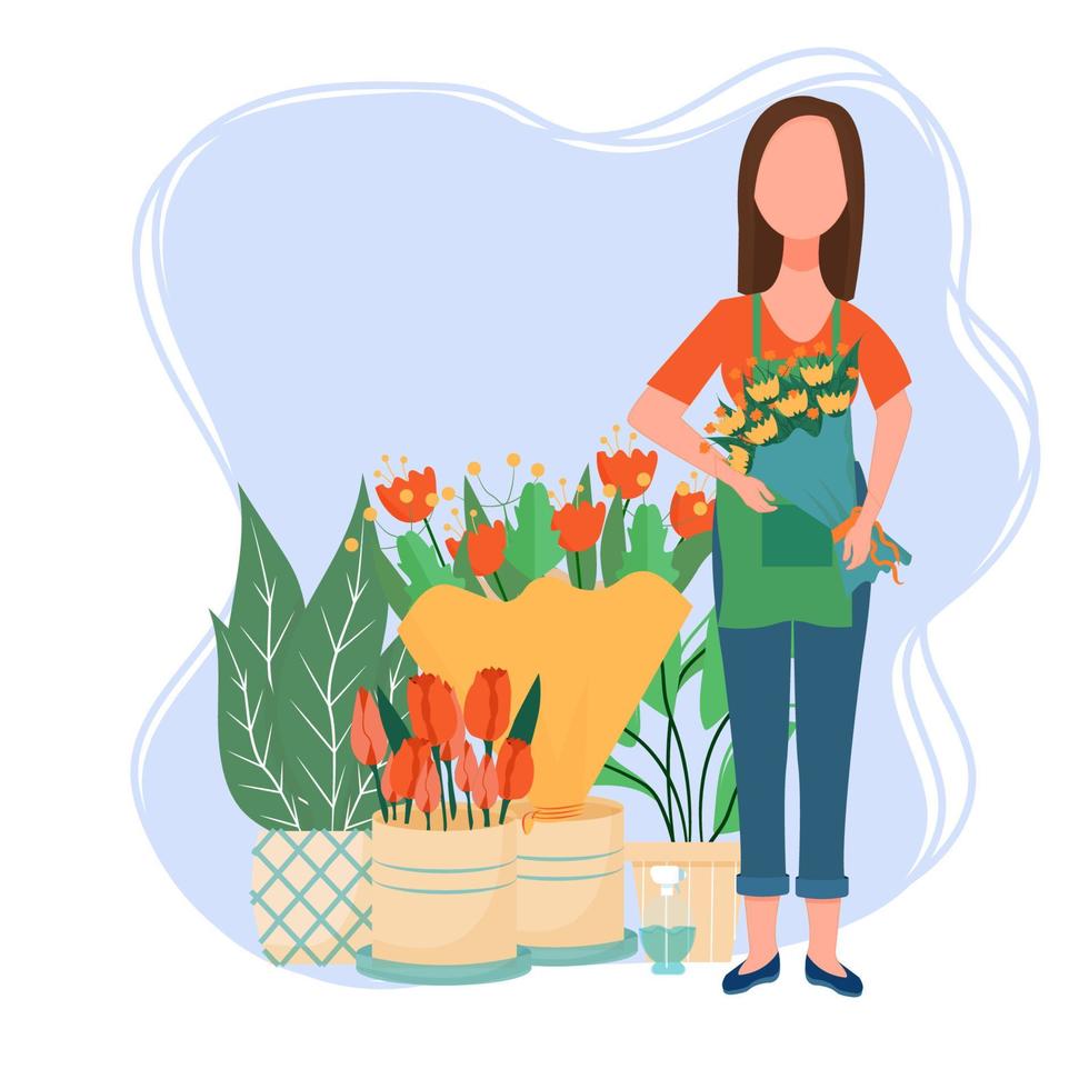 atractivo mujer en pie y participación ramo de flores de flores en manos. florista, flor tienda Servicio concepto valores vector ilustración aislado en blanco antecedentes.