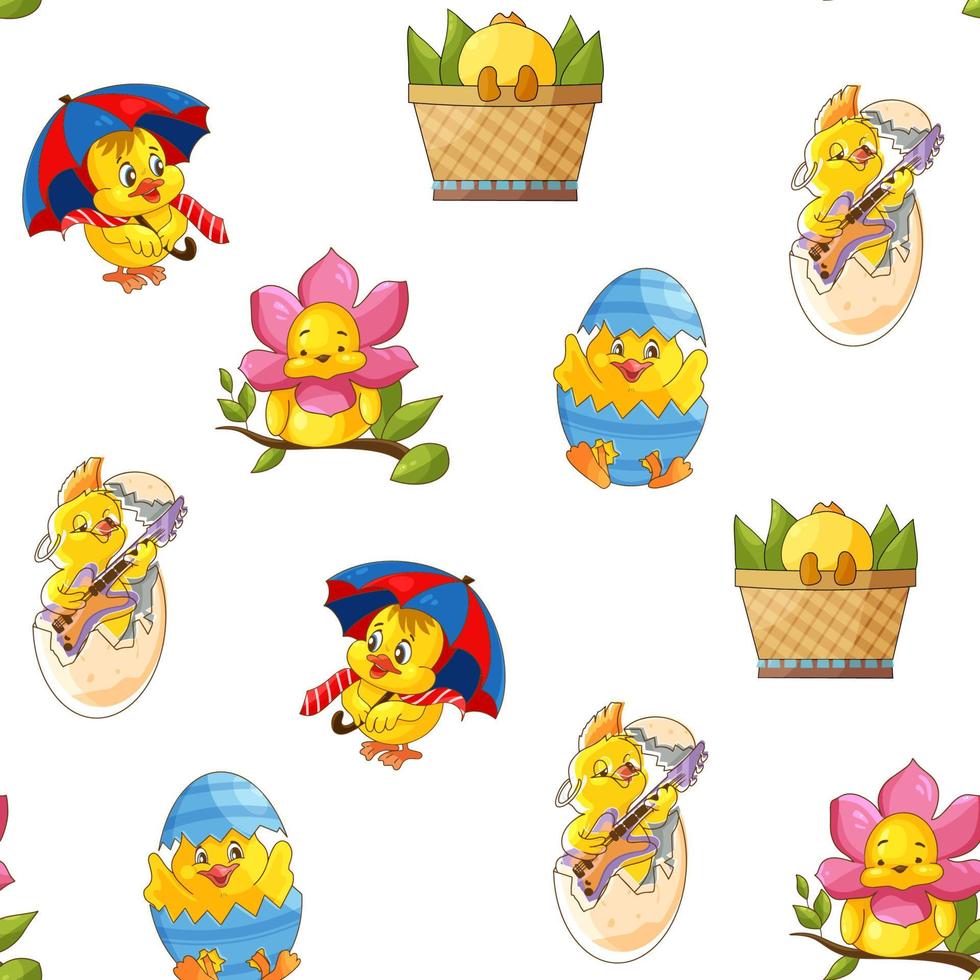 Seamless pattern Easter chick, yellow baby chicken, set of little cartoon bird vector