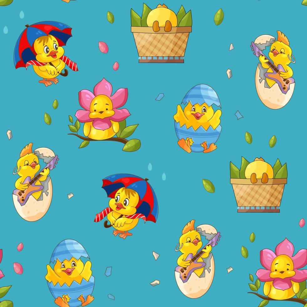 Set of yellow chick, cartoon Easter characters, seamless pattern vector