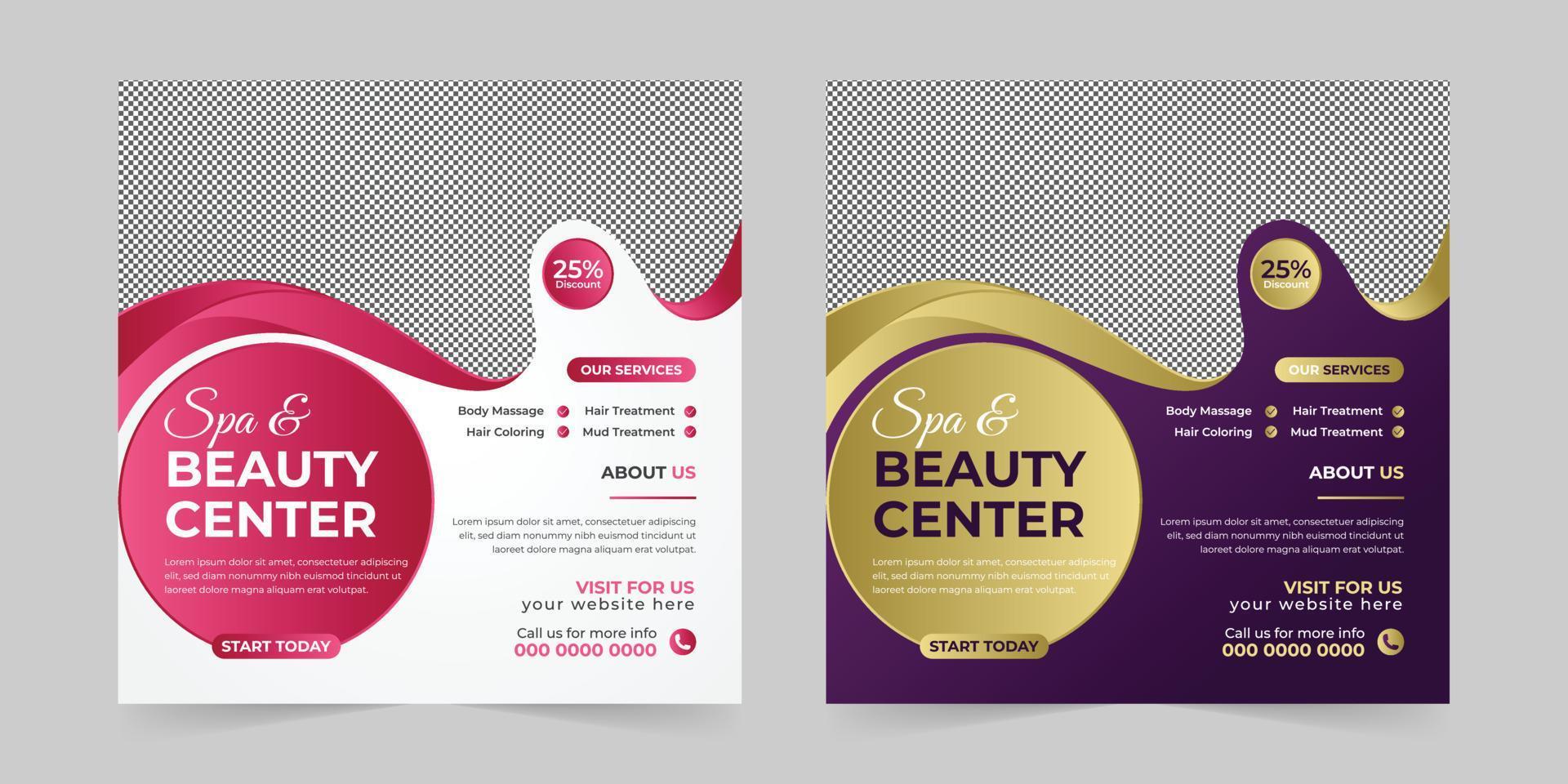 Modern Spa Beauty Center social media post, Digital marketing promotion ads sales and discount web banner vector template design