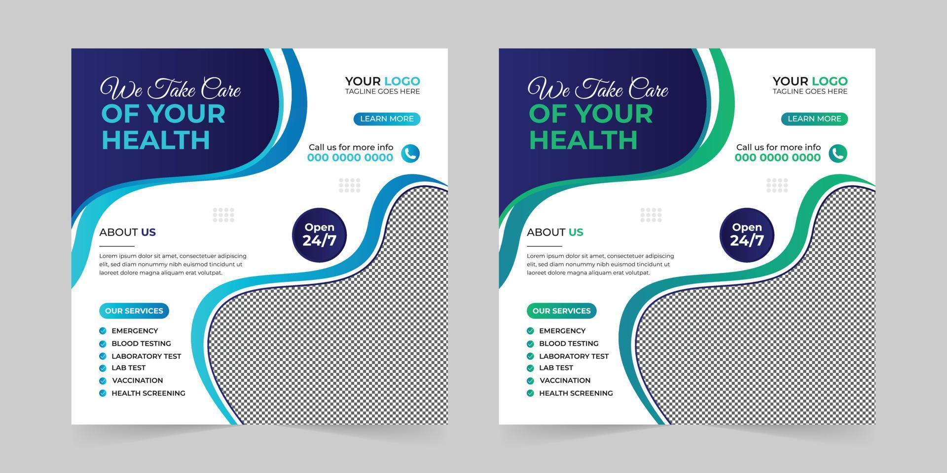 Medical healthcare square social media post, promotion web banner ads sales and discount banner vector template Design.