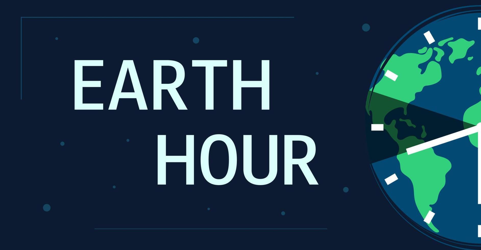 Earth Hour. Global holiday. 60 minutes without electricity. Cartoon flat Earth planet in Space. Earth hour horizontal banner. Ecology concept. Vector Illustration.