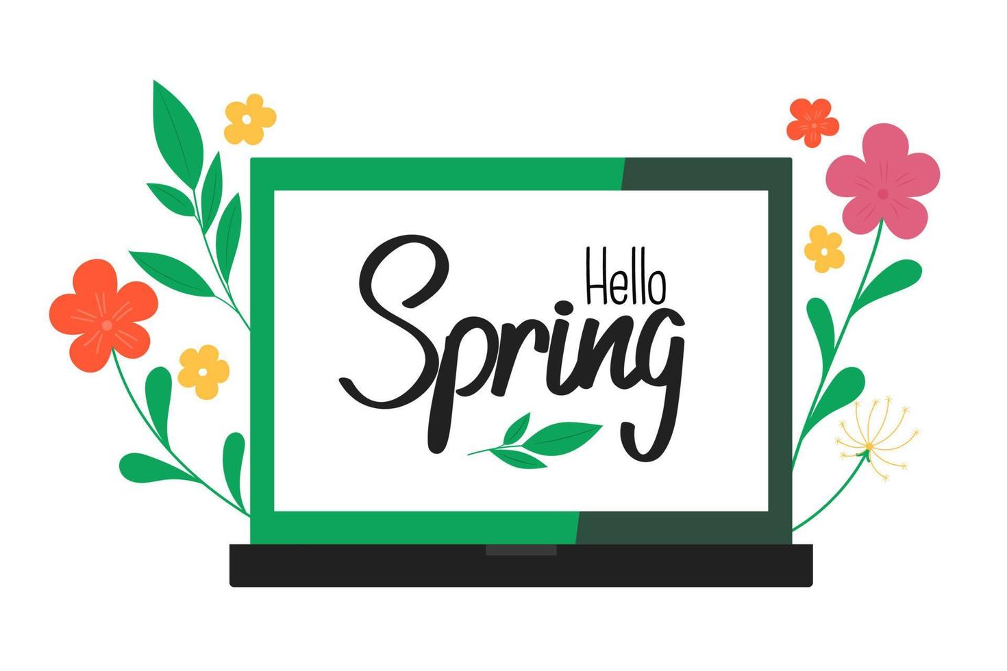 Spring came. Spring sale sign. Spring lettering. Flowers grow from a laptop. Spring postcard. vector