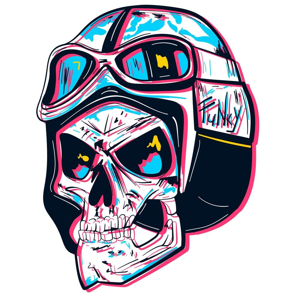 Conceptual neonwave sketch art of an aviator skull wearing a funky leather cap. Military tattoo vector of a fighter with steampunk elements.