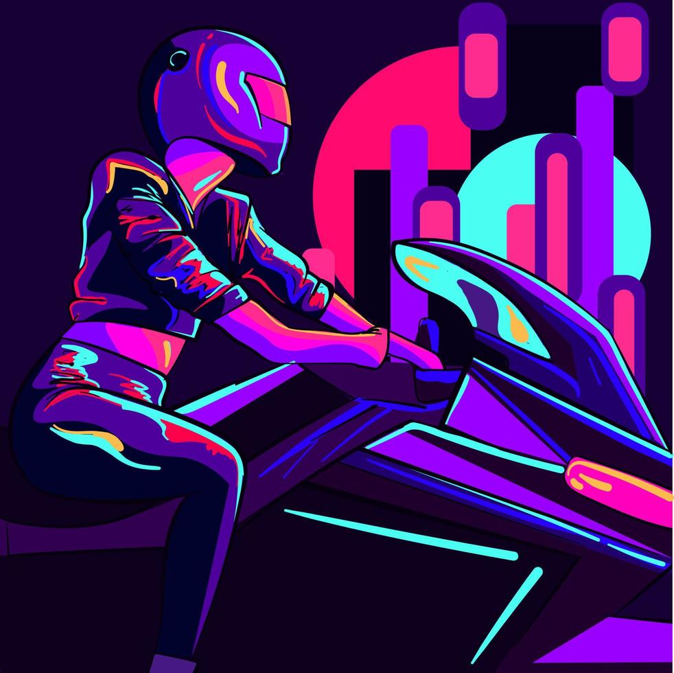 conceptual Arte de un neón mujer motorista montando en un ciudad. retrowave vector y ilustración de un motociclista silueta sentado y vistiendo un cuero chaqueta.