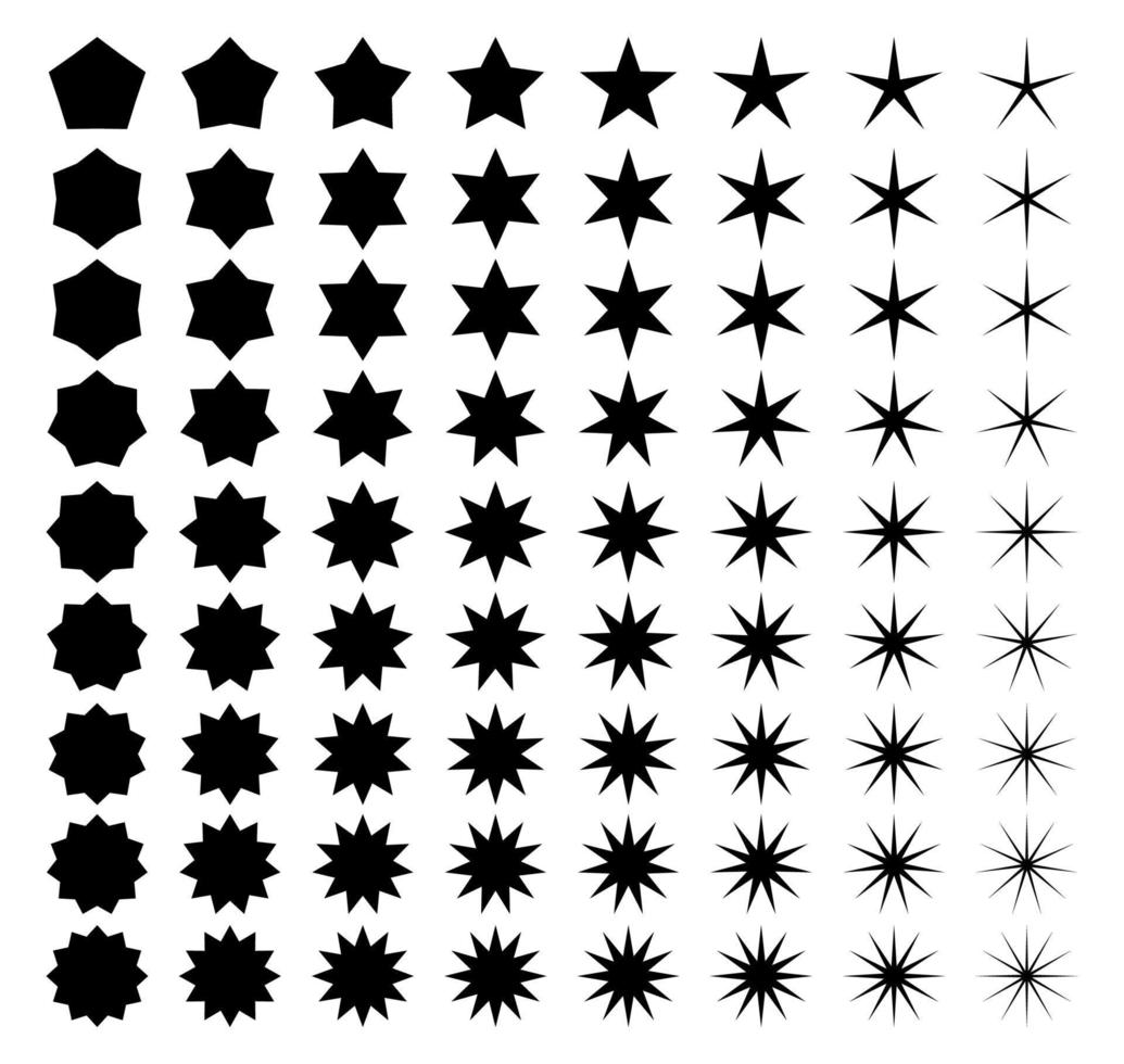 Black stars set with different angles. Geometric star badges. vector