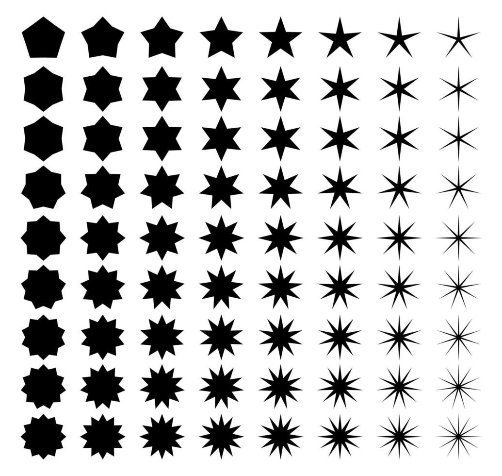 Black stars set with different angles. Geometric star badges. vector