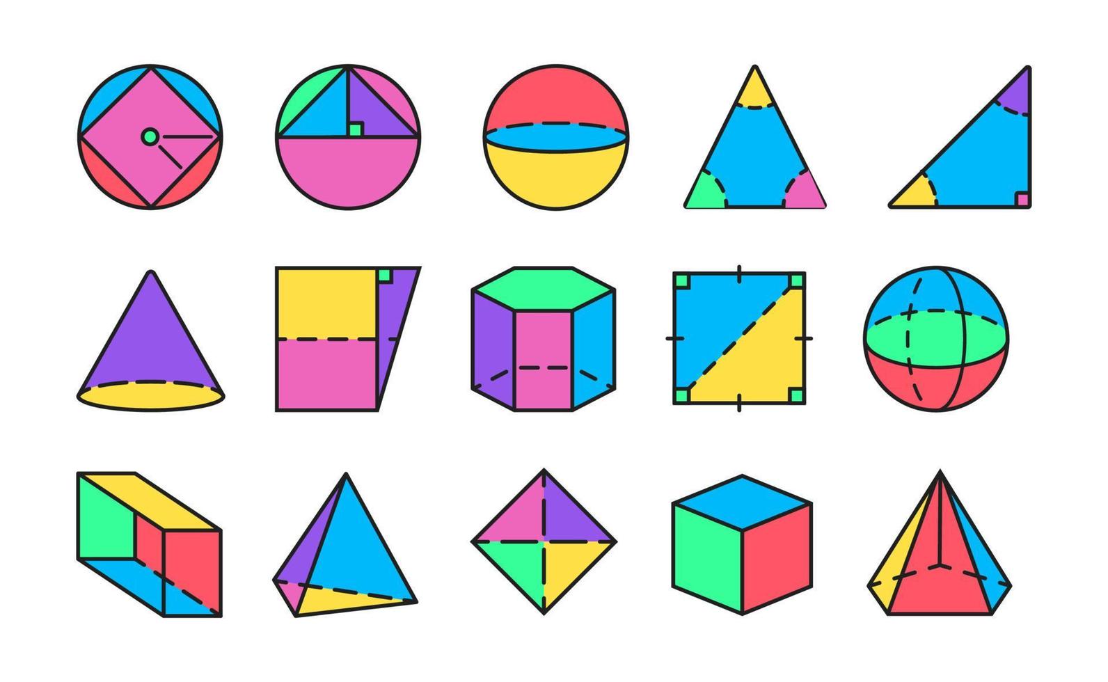 Geometric figures in cartoon colorful style. Geometric shapes, figures, symbols. vector