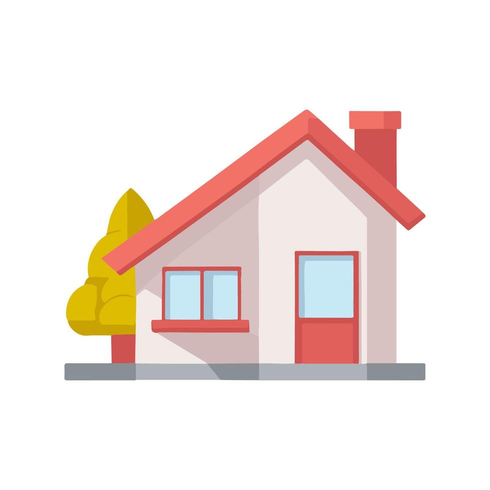 Cartoon home with tree. Isolated vector house. Building with door and window.