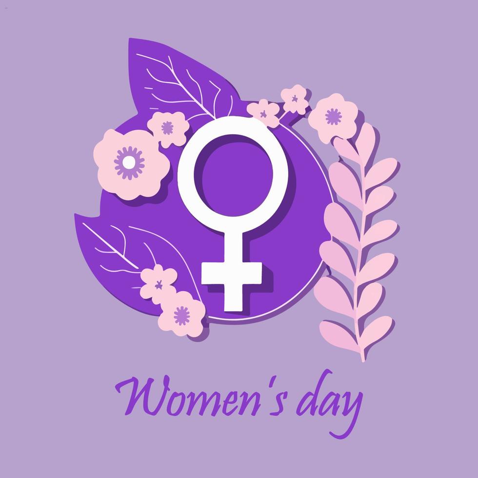 Women's day banner with mirror of venus, leaves and flowers. Symbol of the feminine. vector