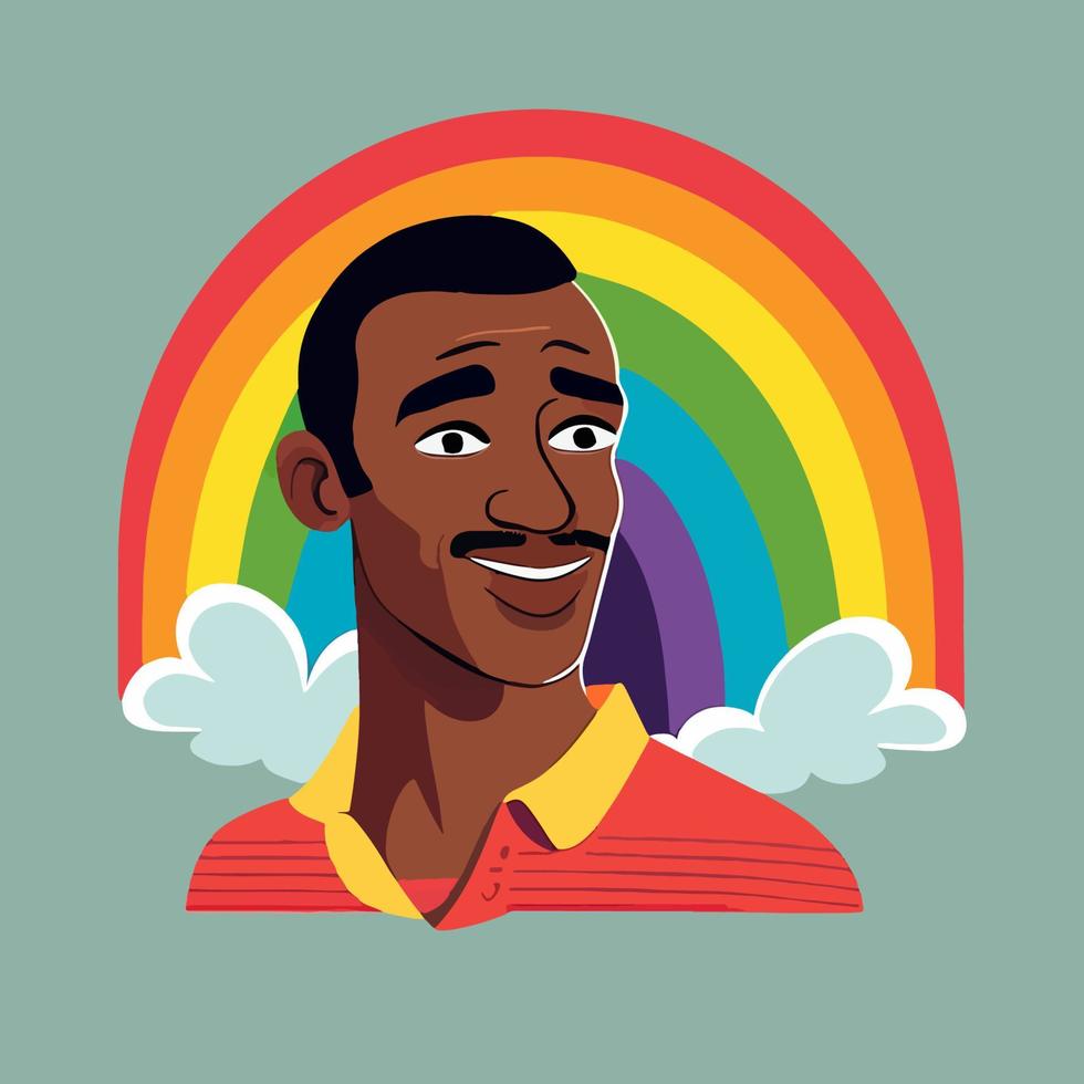 negro chico con un arco iris en el antecedentes. dibujos animados africano hombre ilustración. vector