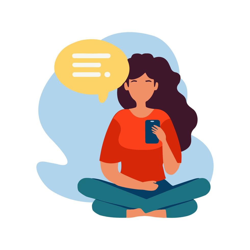 Seated girl with smartphone reading a message. Cartoon flat sitting woman. vector