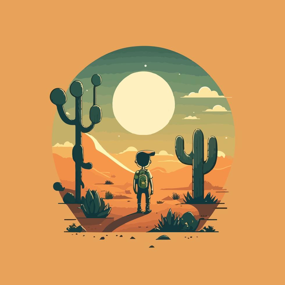 un chico con un mochila en el Desierto por luz de la luna. Desierto ilustración con cactus y dunas. vector