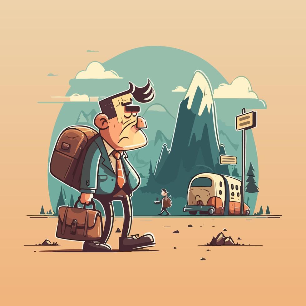 Tired tourist came to the mountains with suitcases. Man in a mountain landscape. vector