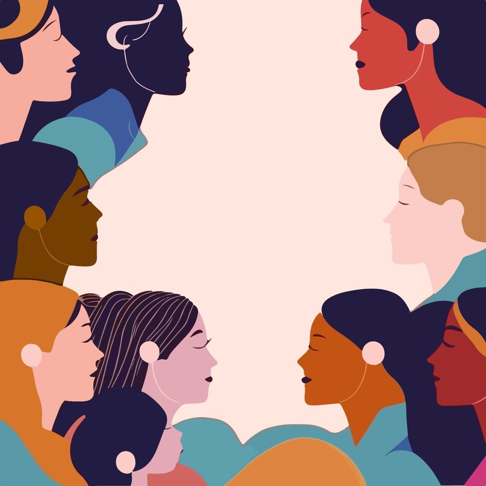 Banner template with background of colored silhouettes of female faces. vector