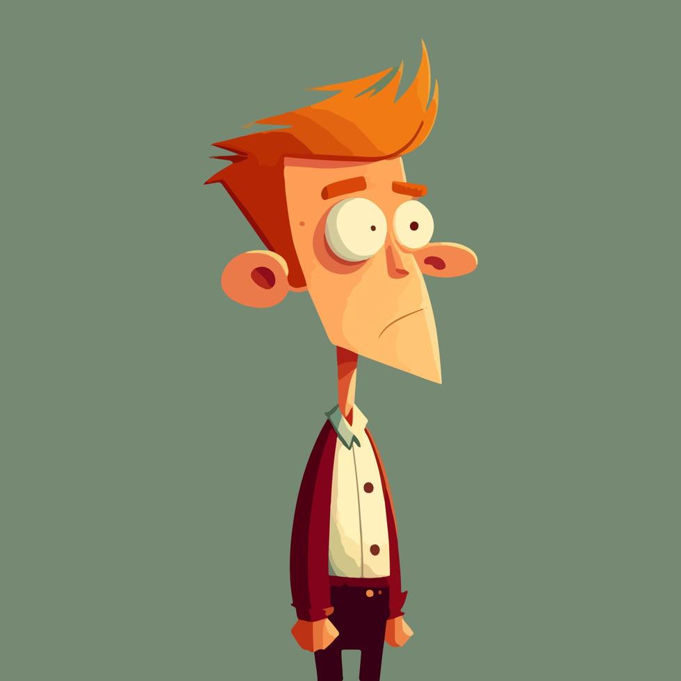 Cartoon boy with bulging eyes, a sharp face and red hair. Guy with embarrassment emotion. Character illustration. vector