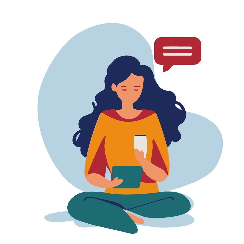 Seated girl with smartphone reading a message. Cartoon flat sitting woman. vector