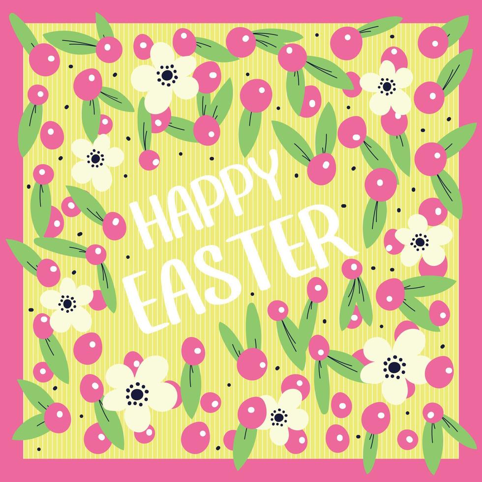 Vector illustration of Easter card. Square card with flowers and berries on yellow background for happy Easter greeting.