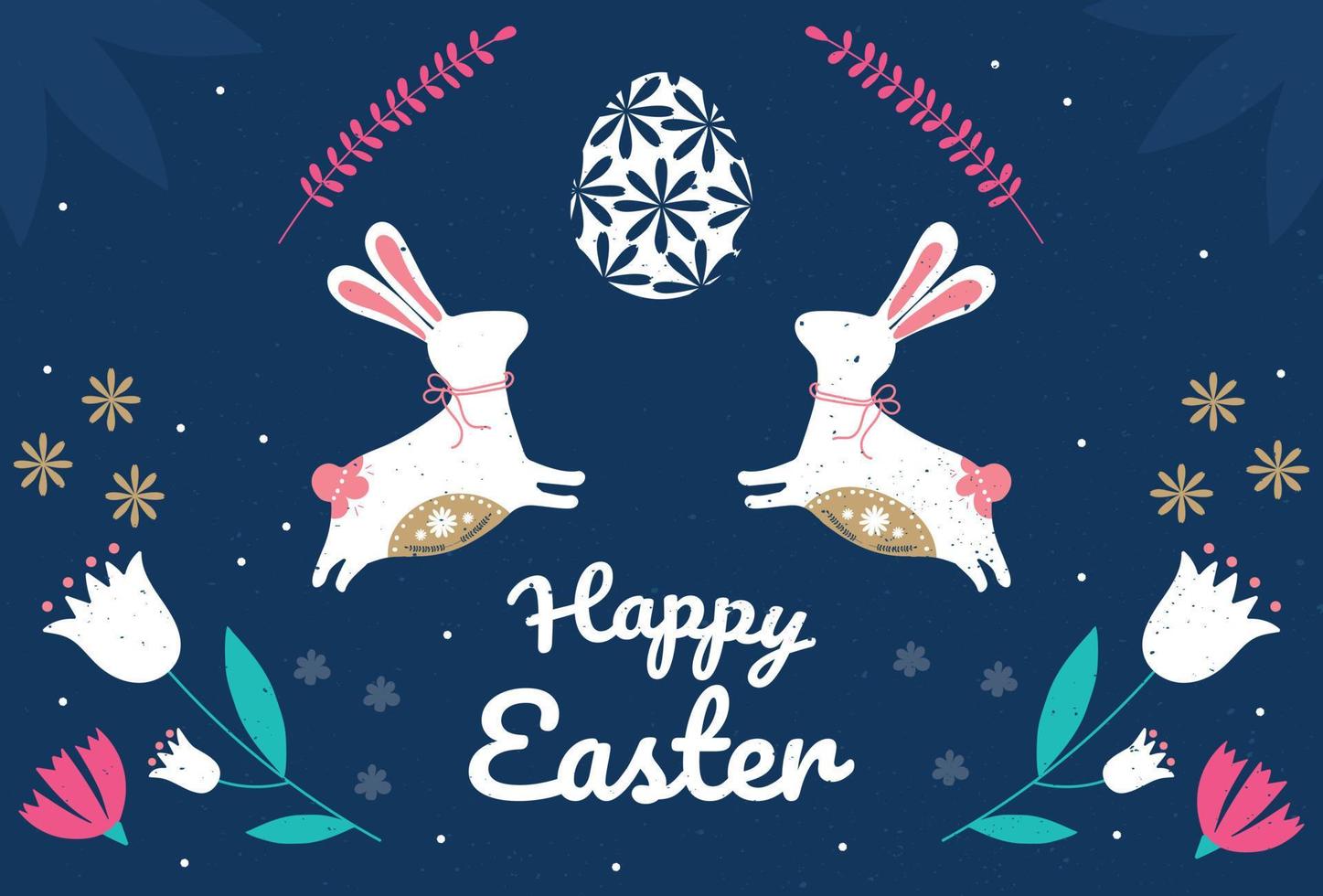 Easter Day Vector Card. Folk modern style background with bunnies and eggs on turquoise background with flowers. Finished postcard for design or for gift giving.