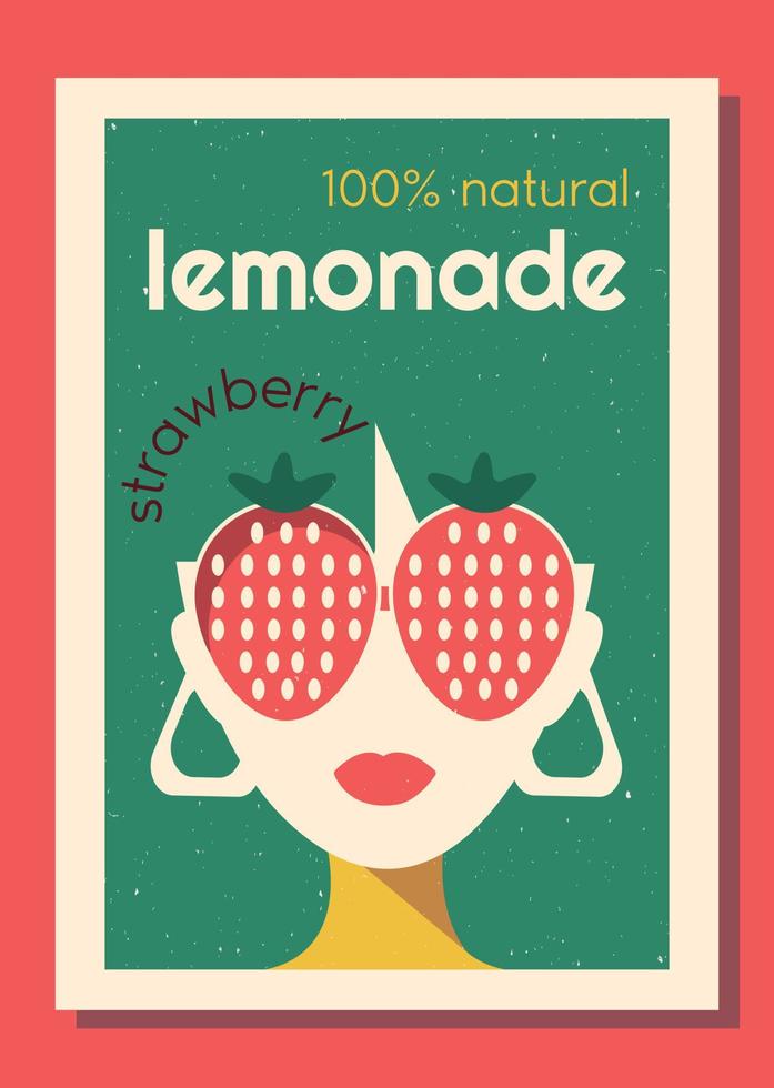 Vector label set for lemonade in retro style.  Label design for strawberry, lemon and orange lemonade with characters wearing big glasses in 70's style groovy