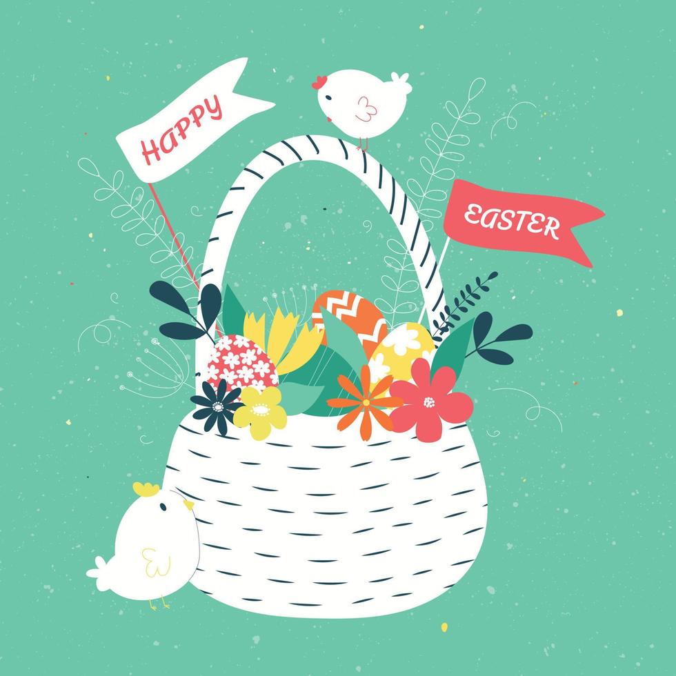 Vector illustration of Easter. Basket full of flowers and eggs. Two chickens bouncing around the basket on a turquoise background. Retro style picture for a happy Easter.