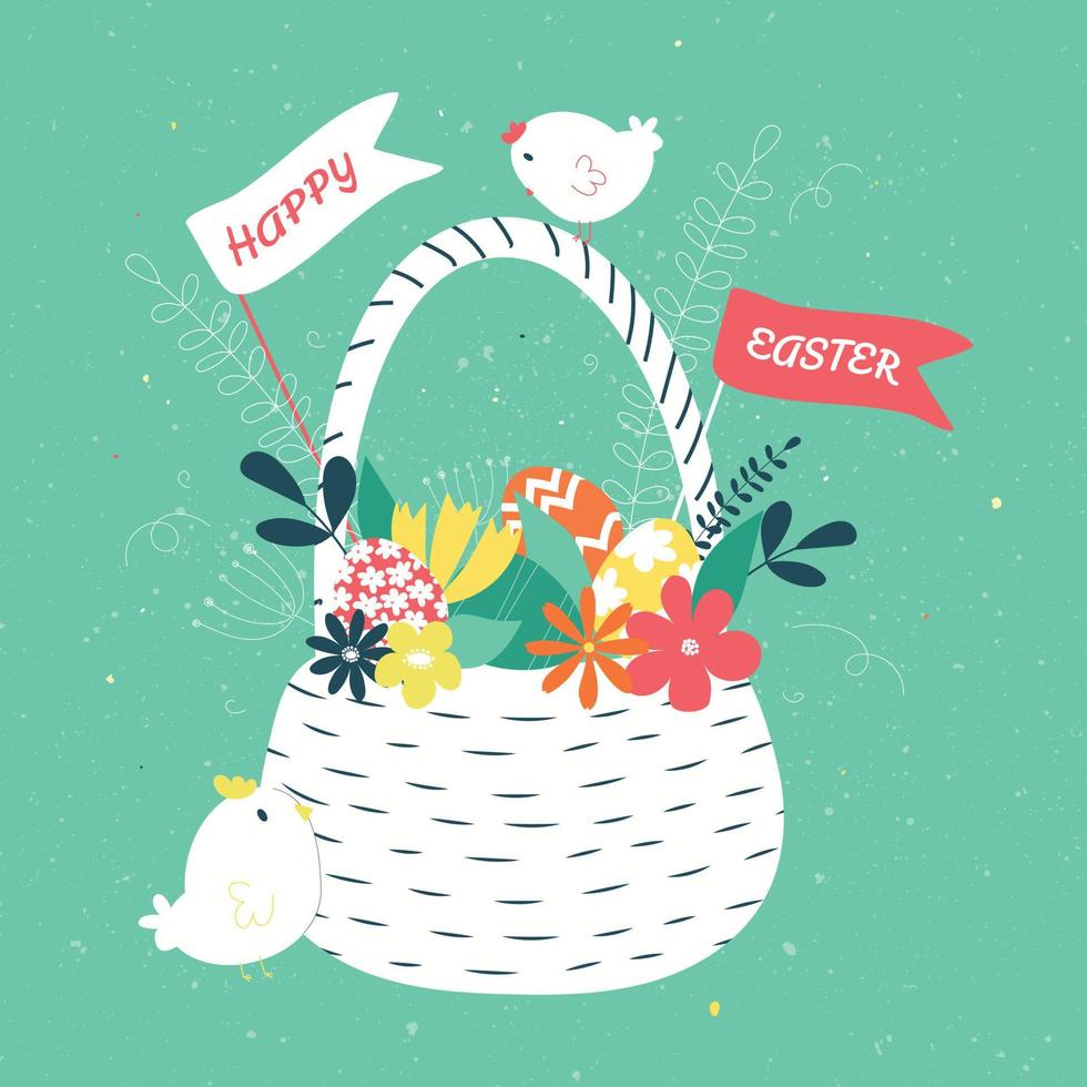 vector ilustración de Pascua de Resurrección. cesta lleno de flores y huevos. dos pollos rebote alrededor el cesta en un turquesa antecedentes. retro estilo imagen para un contento Pascua de Resurrección.