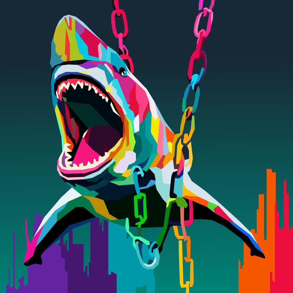 tiburón enredado en un cadena dibujado utilizando wpap Arte estilo, popular arte, vector ilustración.