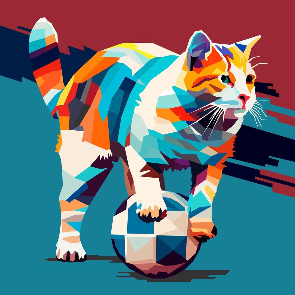 cat playing ball drawn using WPAP art style, pop art, vector illustration.