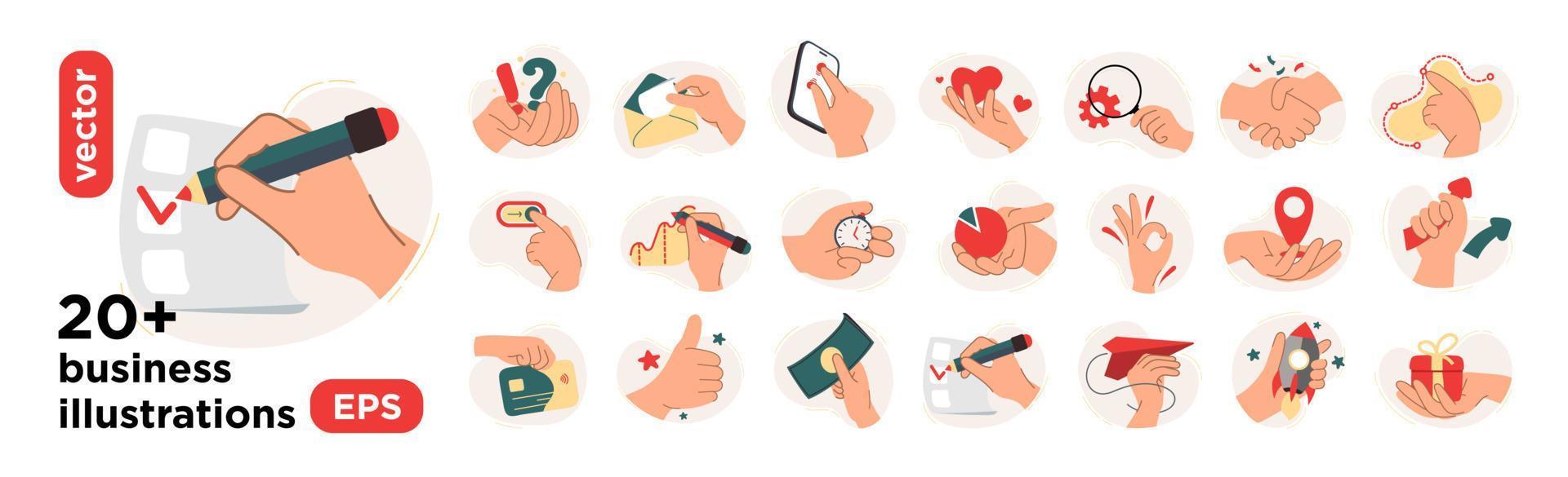 Vector illustrations of digital marketing with hands. The concept of a business idea, startup, organization, brainstorming. Mega set isolated on a white background