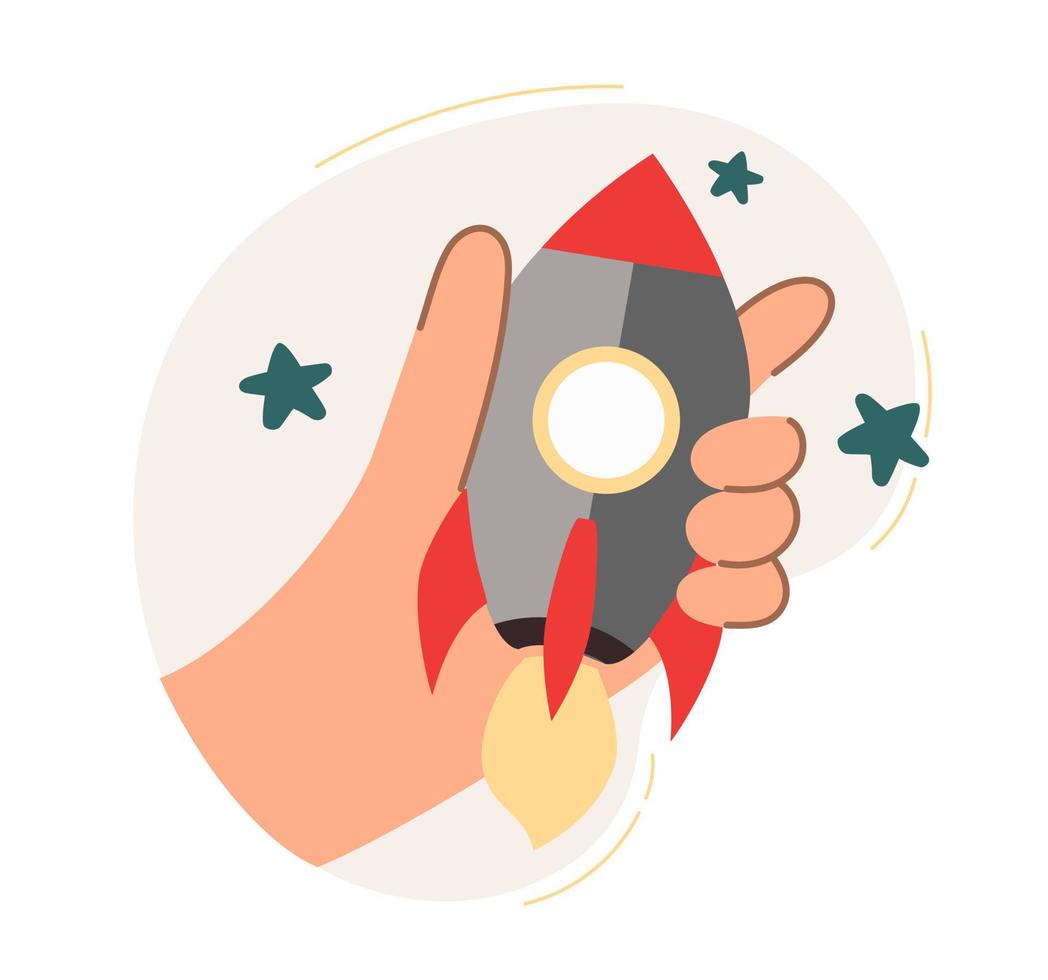 The hand launches a rocket. The concept of a business idea, startup, organization, brainstorming. Vector illustration isolated on a white background