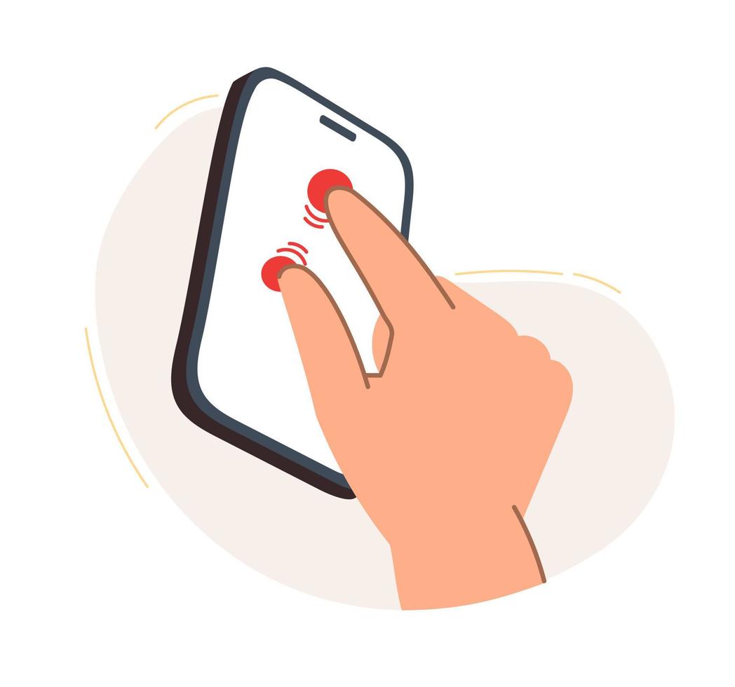 The hand touches the smartphone. The concept of a business idea, startup, organization, brainstorming. Vector illustration isolated on a white background